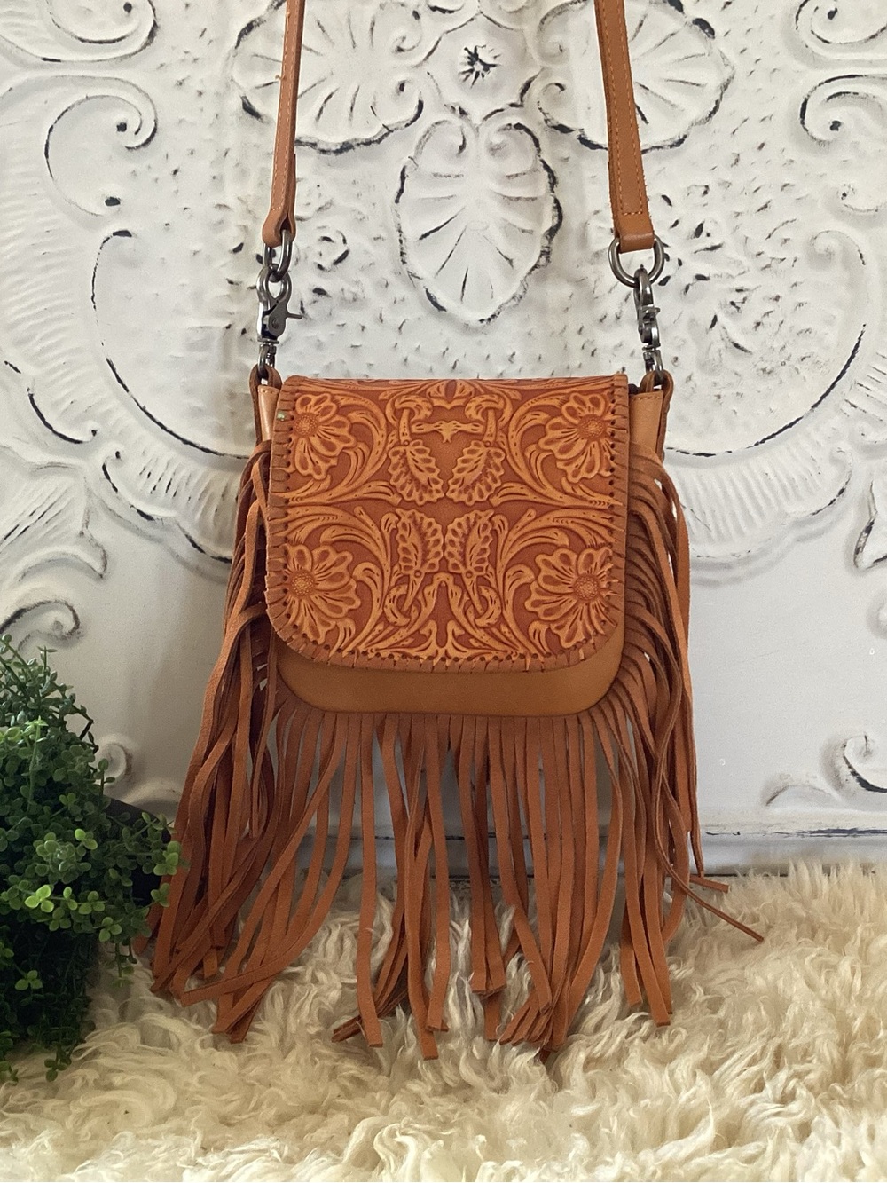 Montana West Tooled Floral Fringe Crossbody - Brown